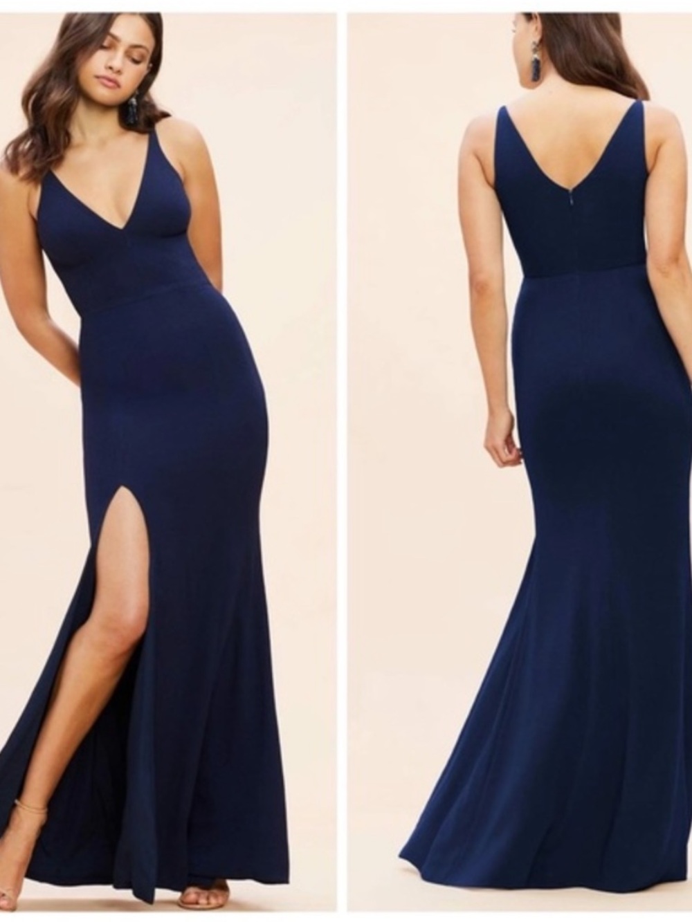 Dress the Population Iris Plunge V-Neck Slit Crepe Gown Midnight Blue Size XXL
